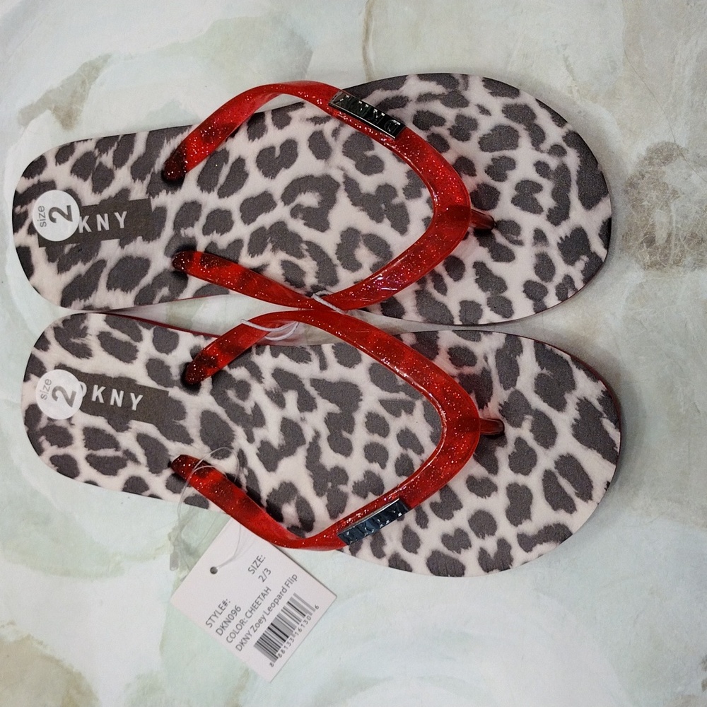 NWT DKNY Red and Animal Print Flip Flops